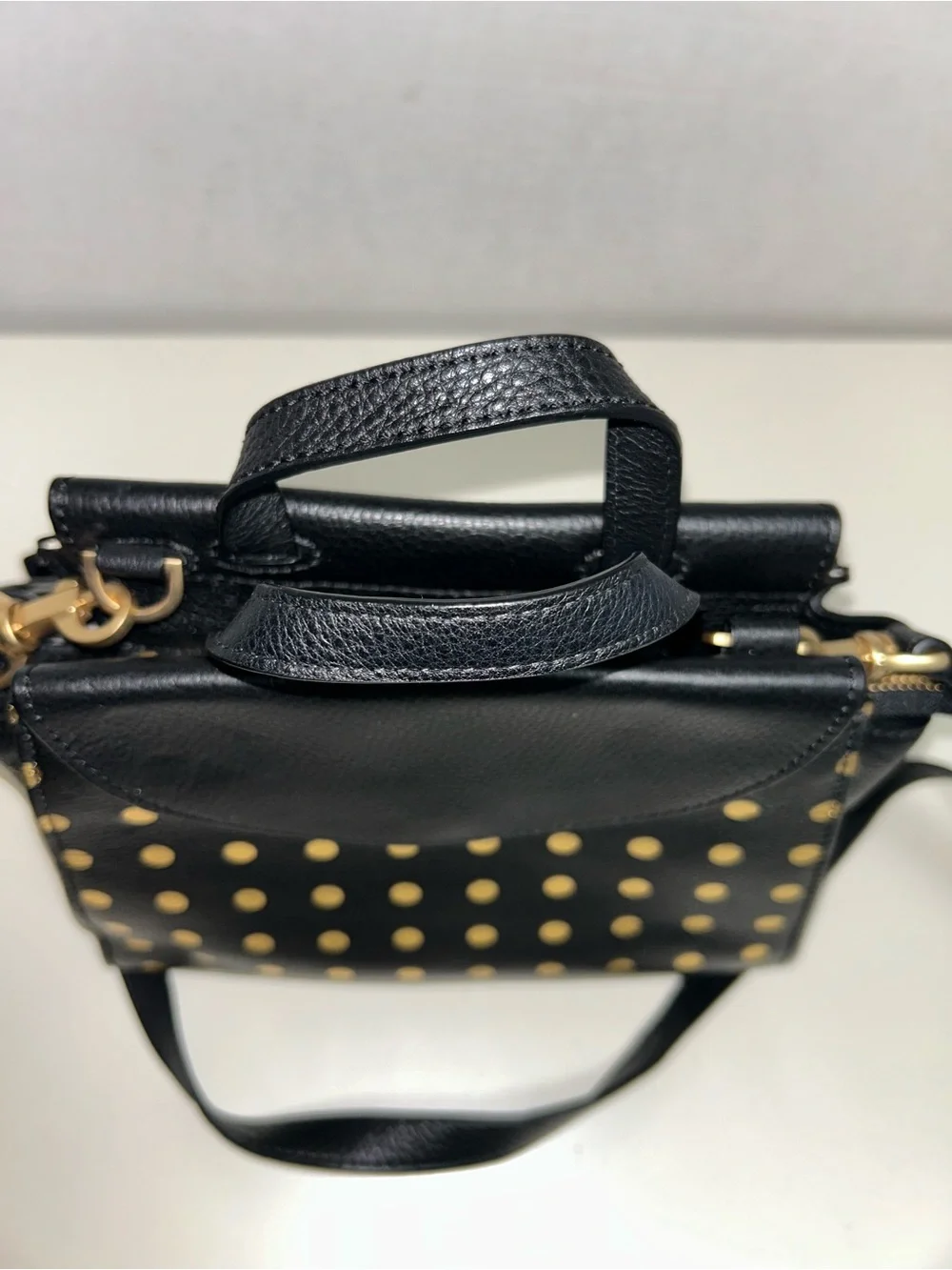 Kate Spade Saturday Black Leather Gold Polka Dot Satchel Crossbody Shoulder Bag